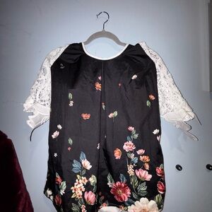 Floral Black Blouse with Lace Sleeves